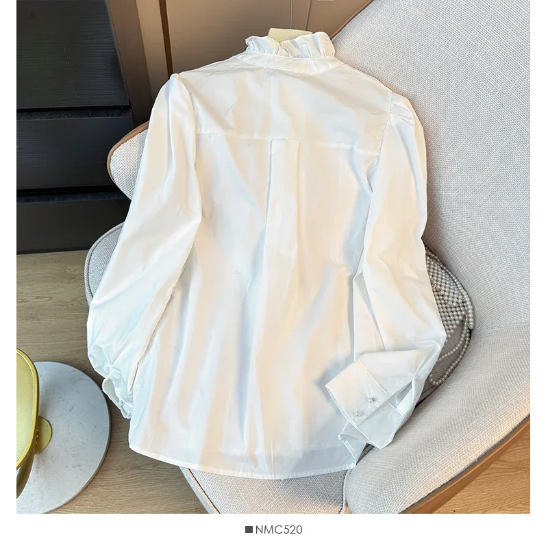 Stand Neck Fungus Edge Pleated Women Clothing Blusas Mujer Double Breasted High-End Shirts Vintage French 2025 Spring Blouses