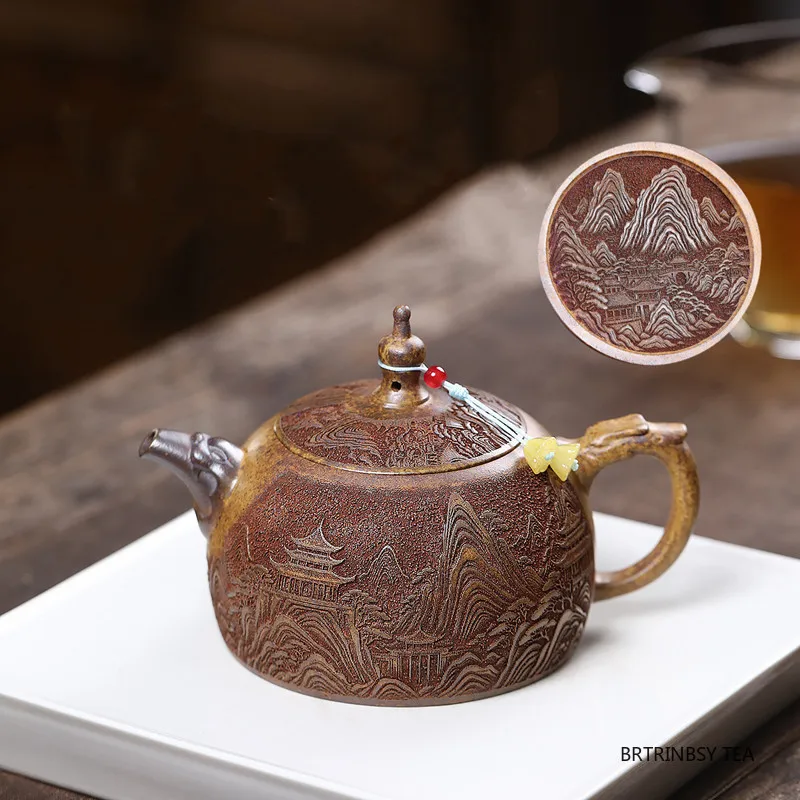 ييشينغ اليدوية الأرجواني الطين إبريق الشاي المنزلية الجمال براد شاي منحوتة باليد المشهد غلاية الصينية Zisha طقم شاي الهدايا 320 مللي