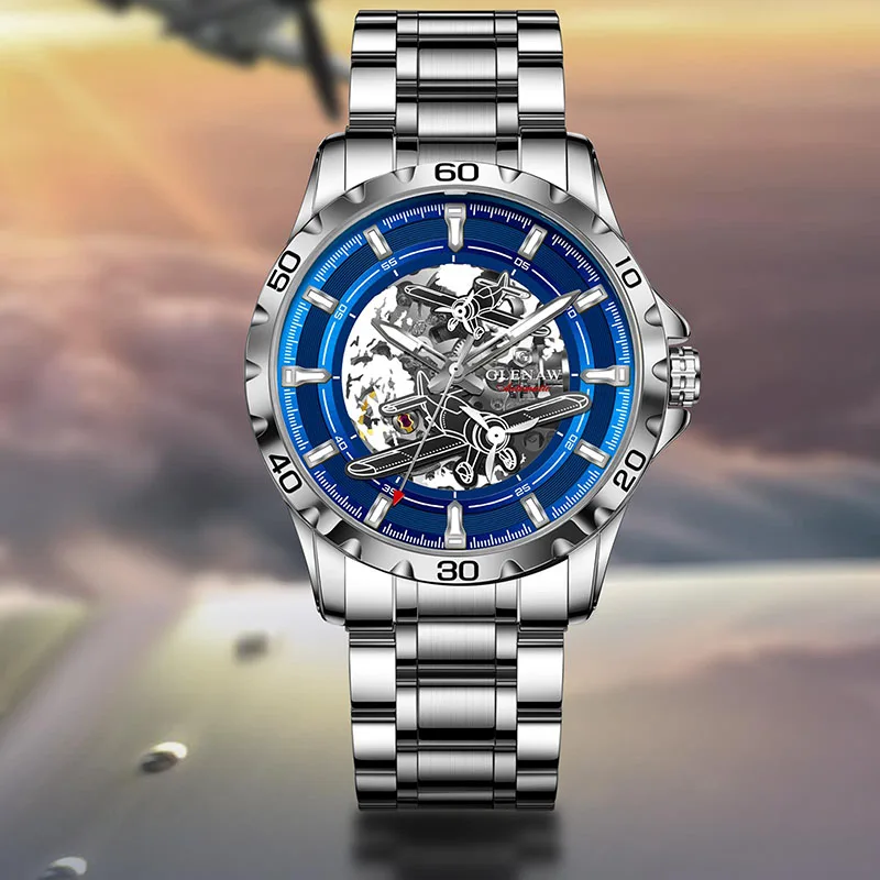 GLENAW 新しいパイロットシリーズメンズ腕時計中空高級自動機械式時計発光防水ステンレス鋼ストラップ時計