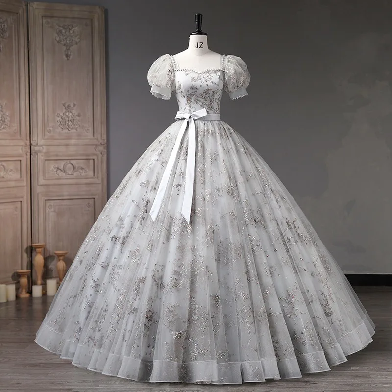 

2025 New Women's Summer Banquet Evening Dress Fashionable Princess Sleeves Show Thinning Engagement Big Pendant Puff Dress