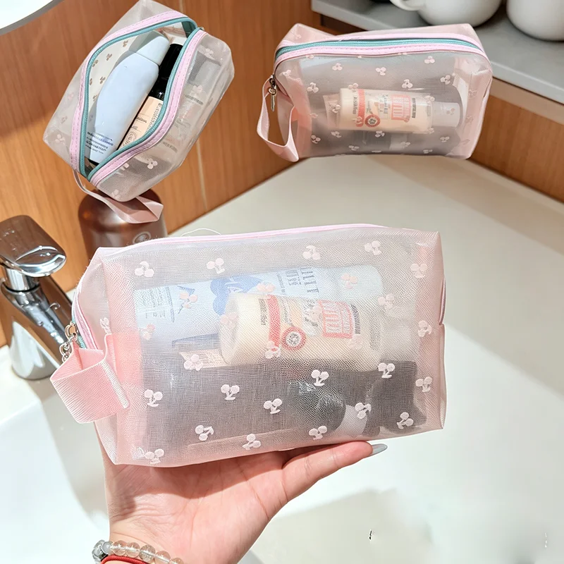 Korean Style Fresh Makeup Bag Ins Aesthetic Small Cherry Sweet Mesh Handbag Travel Storage Transparent Toiletry Pouch