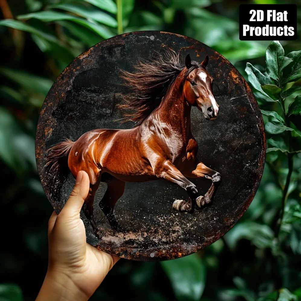2D Flat 1pc Round Aluminum Horse Wall Art: Classic Galloping Horse Design – Durable, Rust-Resistant Metal Sign with High-Quality