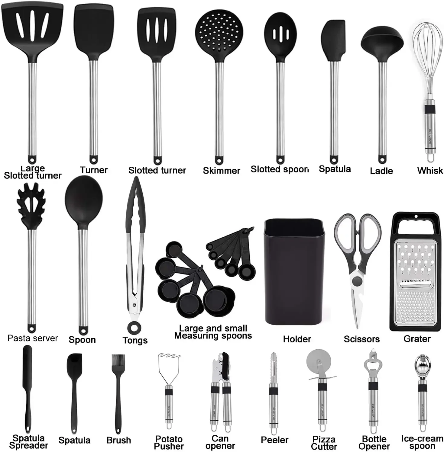 Kitchen Utensil Set-Silicone Cooking Utensils-33 Kitchen Gadgets & Spoons for Nonstick Cookware-Silicone and Stainless