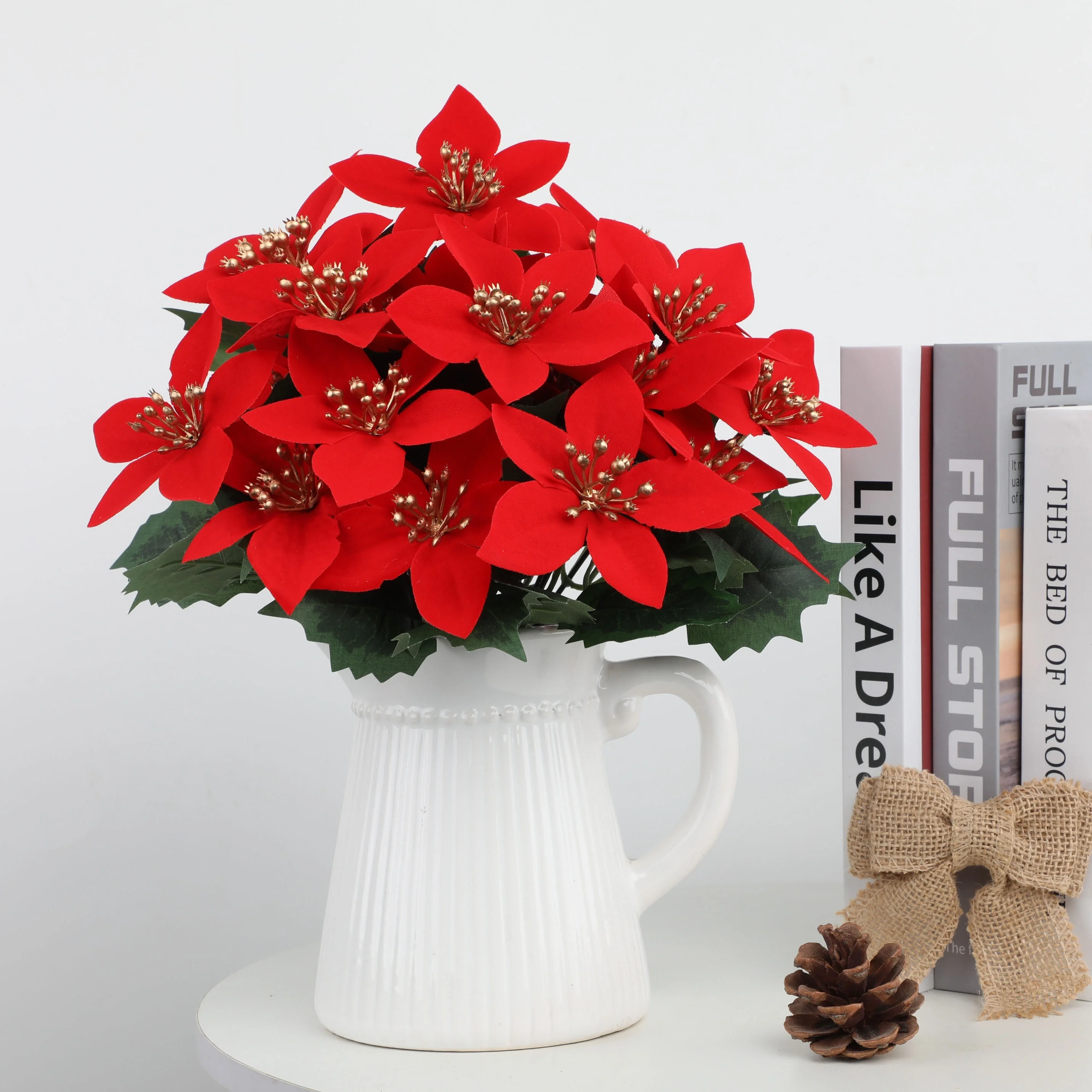 زهرة عيد الميلاد الاصطناعية البونسيتة مع أوراق ينبع ورد صناعي باقة عيد الميلاد شجيرة اصطناعية ديكور المنزل ديكور عيد الميلاد #2