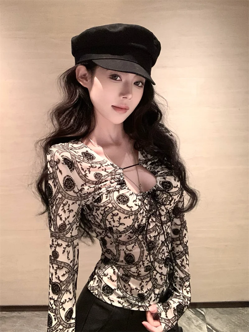 

Pure Desire Sexy Low Cut Long Sleeve T-Shirt Women's Autumn Winter Mesh Velvet Hollow out Slim Fit Base Shirt Inner Wear
