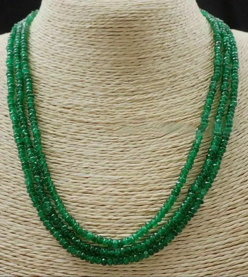 

Genuine natural 3-row 2X4MM multi cut green jade abacus bead necklace 17-19“