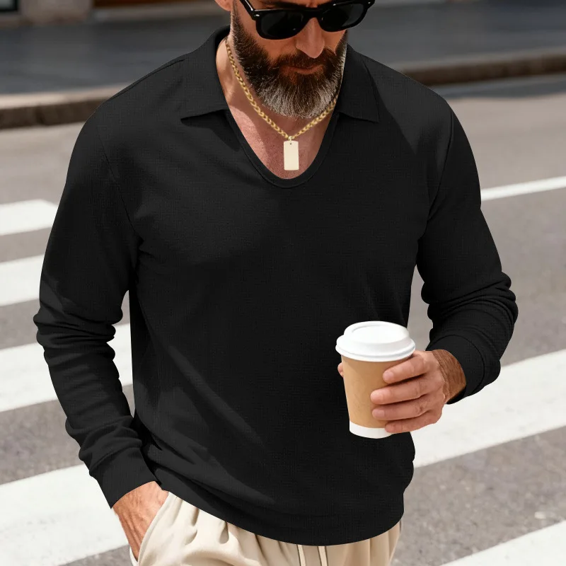 Cross-border Spring And Autumn Models Heavy And Loose Men's Trend Light And Mature Casual V-neck POLO Shirt Long Sleeves