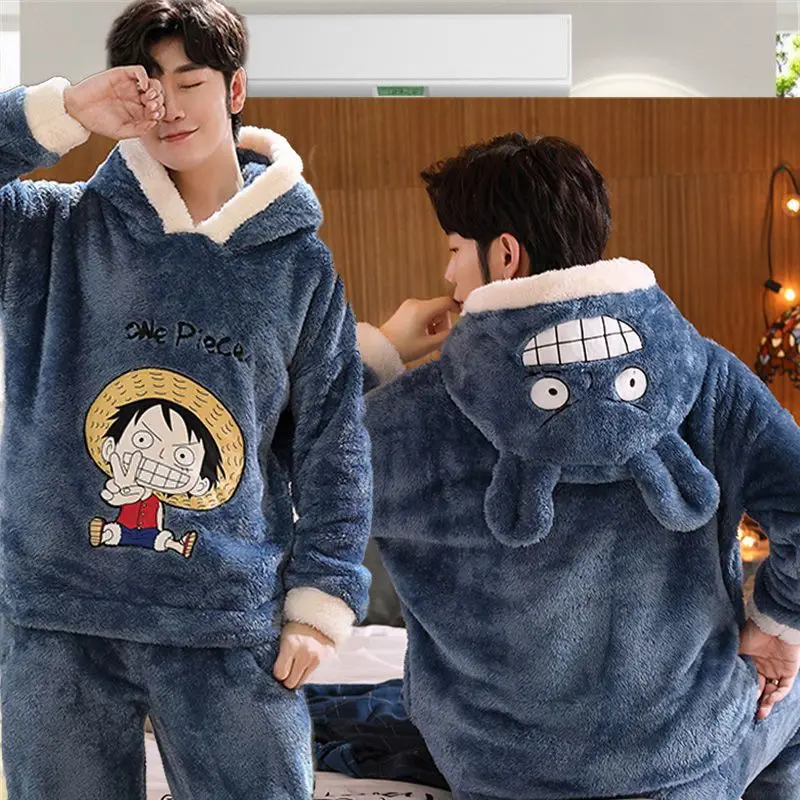 One Piece Luffy Coral Velvet Pajamas Men Winter Thickened Flannel Home Clothes Suit Cartoon Anime Cardigan Sleepwear Set Male