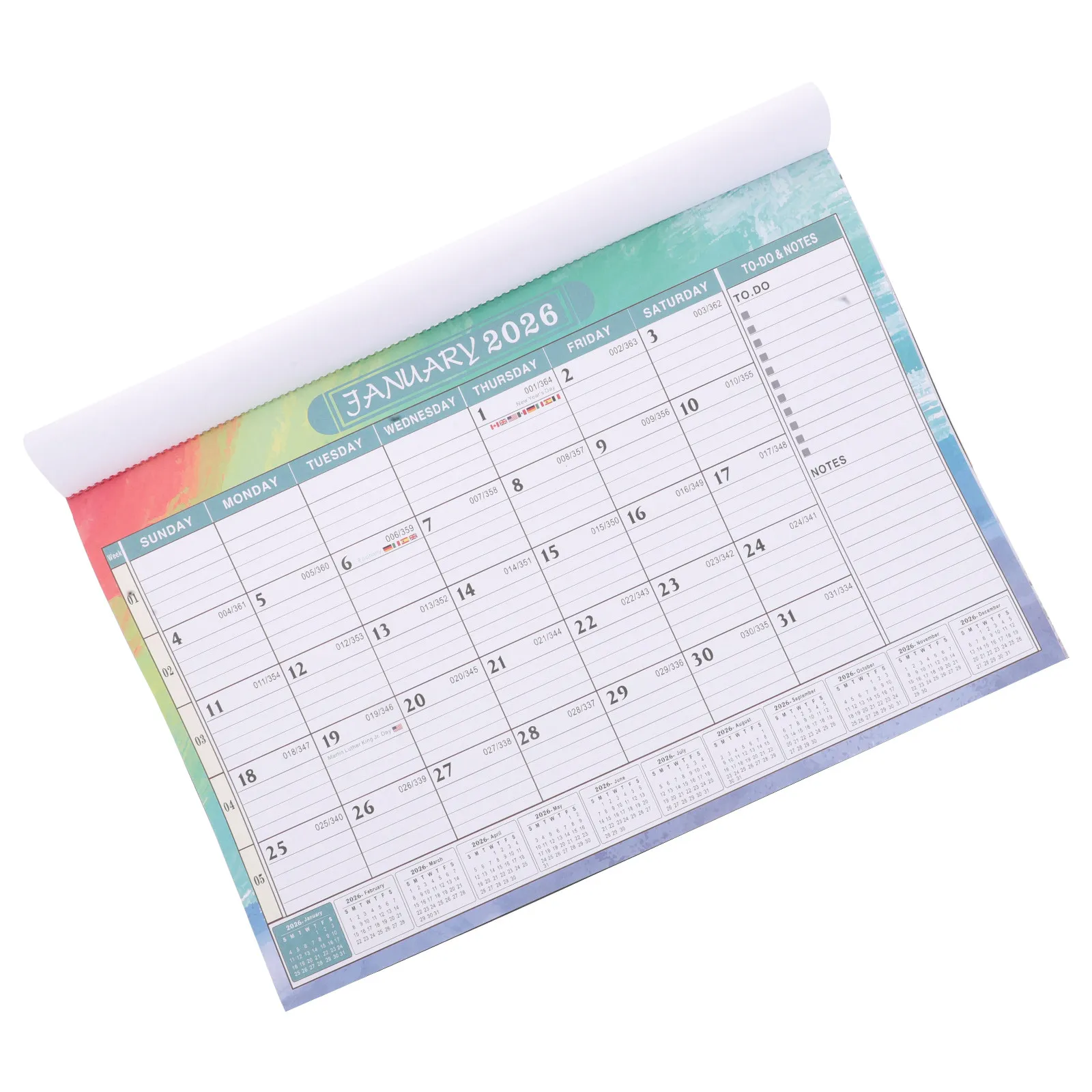 

English Wall Calendar 2025.7 to 2026.12 Spiral Bound Large Format Smooth Writing Surface Holiday Reminders Stylish Minimalist