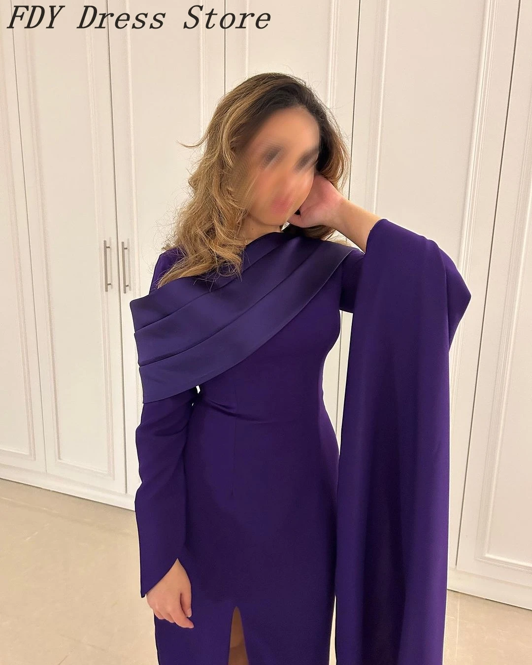 Vintage Mermaid Purple Prom Dresses Long Sleeves Pleated Satin Ankle Length Elegant Party Dresses vestidos de fiesta