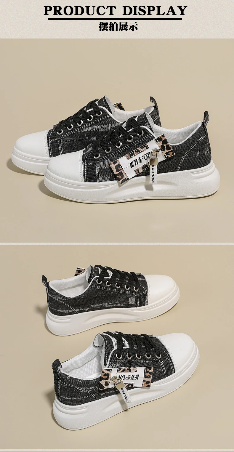 Neue Hip-Hop-Style Denim-Canvas-Schuhe Größe 43 Damen-Plimsolls mit Leoparden-Detail Niedrige Sneakers Damen Mode Freizeittrainer Turnschuhe – Detail 22