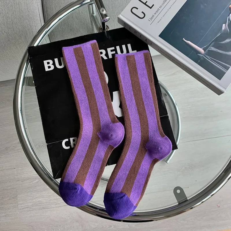 Striped Matching Color Women\'s Socks Summer Thin Midtube Socks Color Midtube Cotton Socks