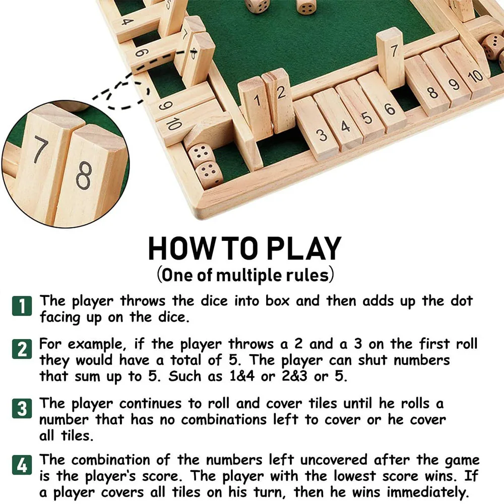 Shut The Box Dice Game Classic 4 Sided Wooden Board Game Flip 10 Numbers Classic Tabletop Party Entertainment Games