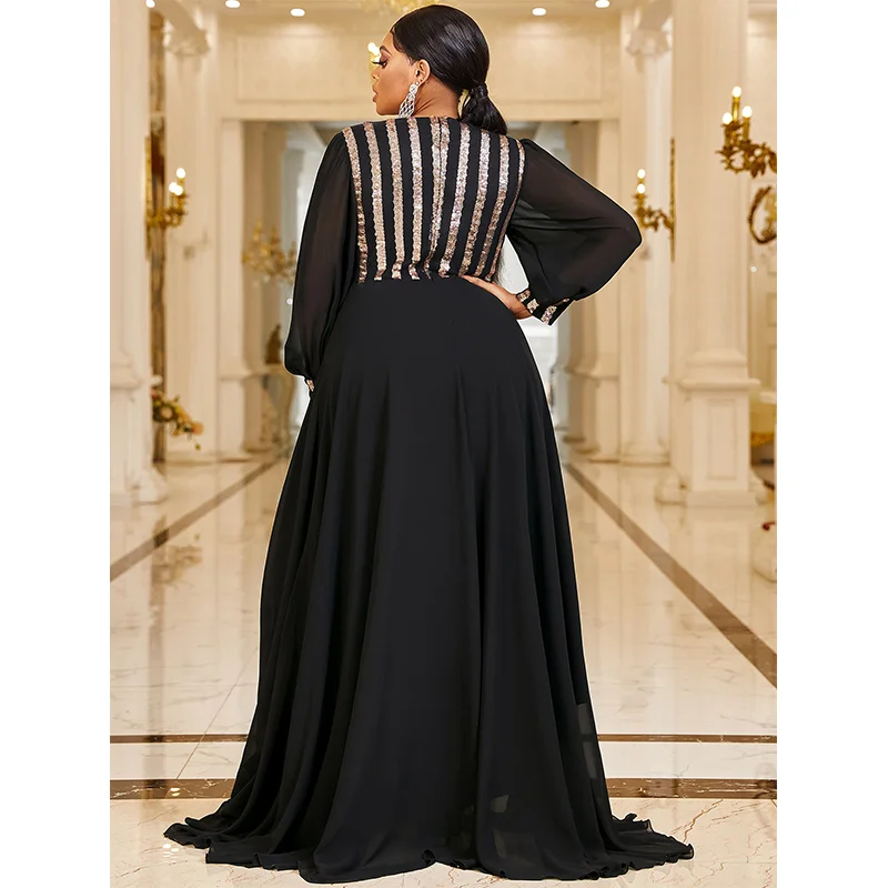 Plus Size V Neck Stripe Sequined Chiffon Dress 5XL 6XL Big Size Black Maxi Long Sleeve Spring Gold Stripe Luxury Evening Dresses