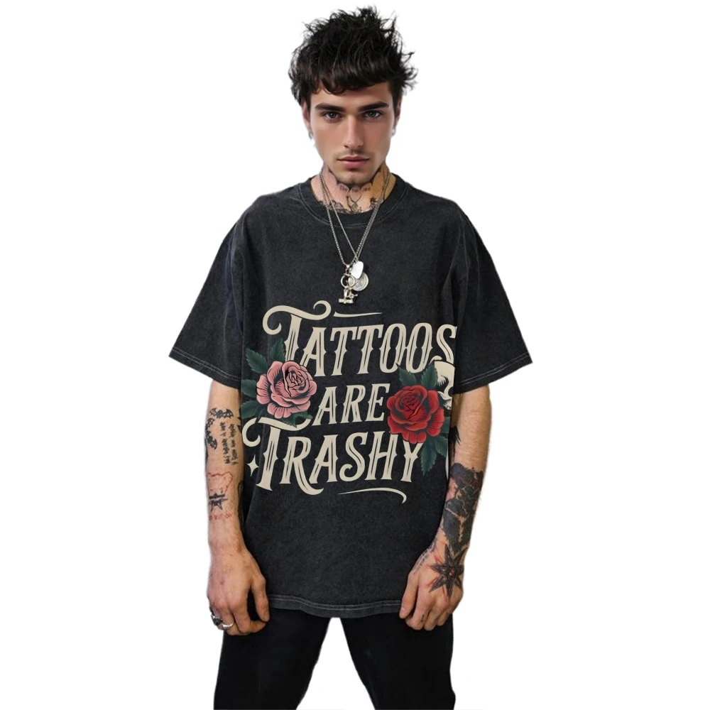 Estilo variado unissex camiseta vintage lavado tatuagem impressão manga curta retro streetwear hip-hop topo verão novo algodão confortável