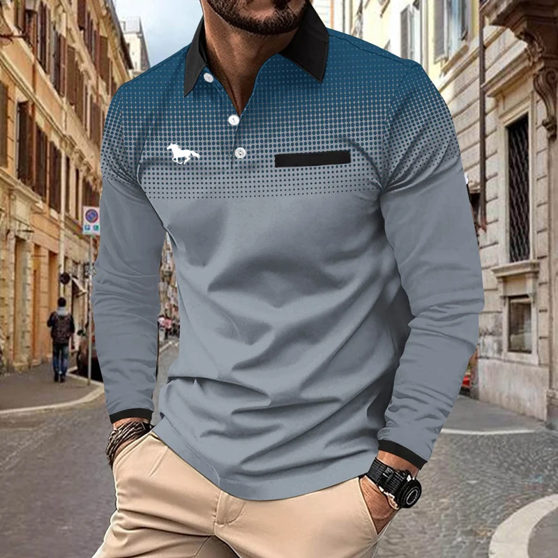 Spring Autumn Men Long Sleeve Sport Lapel Polo Shirt Men Clothes Business Casual Fake Pocket Stitching Golf Polo Shirt Tops