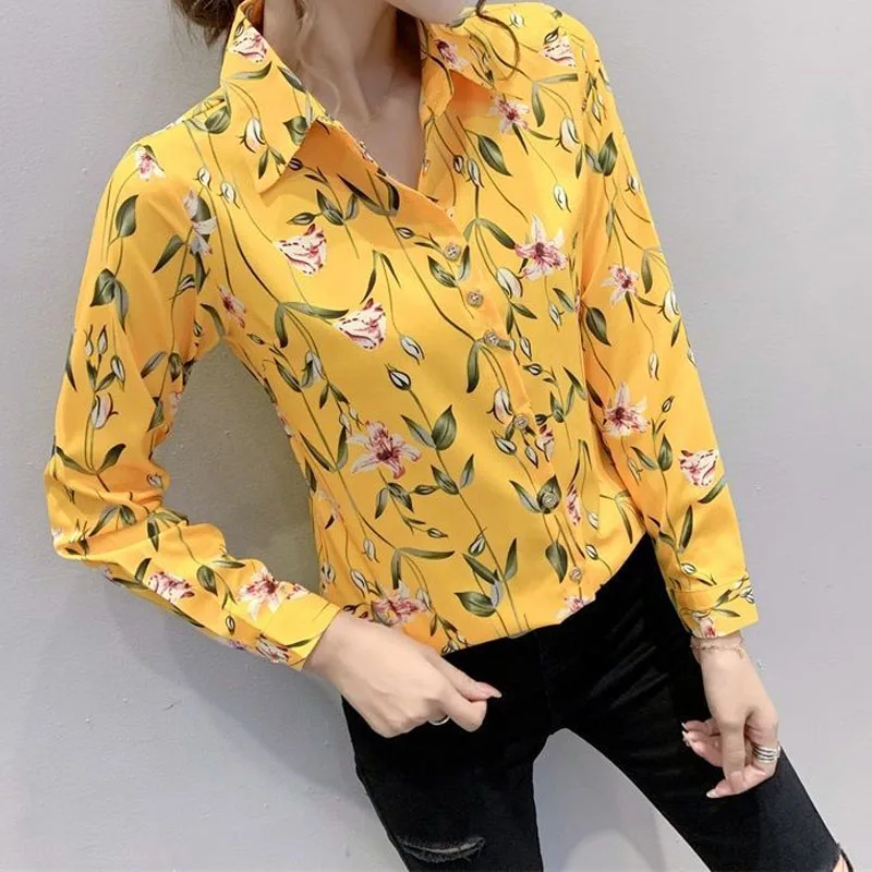 Slim Fashion Long Sleeve Printed Shirt Women\'s Clothing Spring Autumn Korean Casual Turn-down Collar Button Blouse for Female