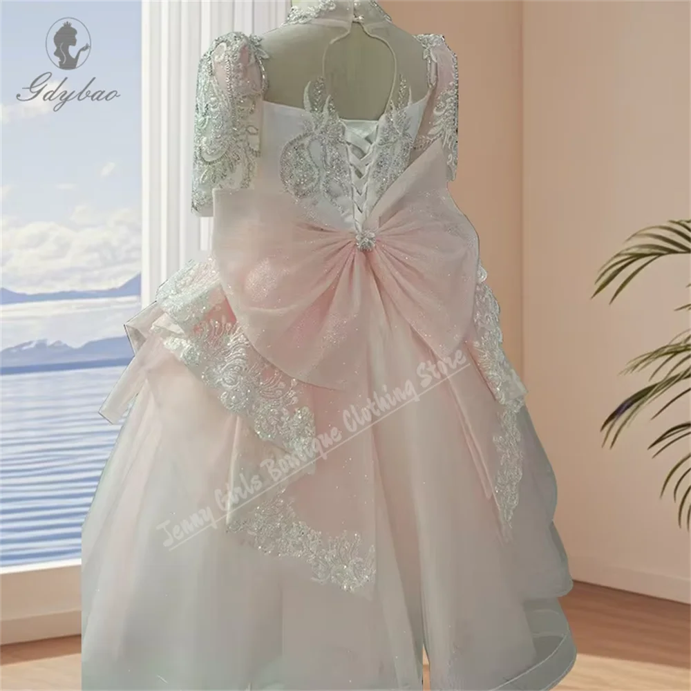2026 Girls Pink Flower Girl Wedding Dress Ruffle Children Party Gown Performance Pageant First Communion Formal Wear