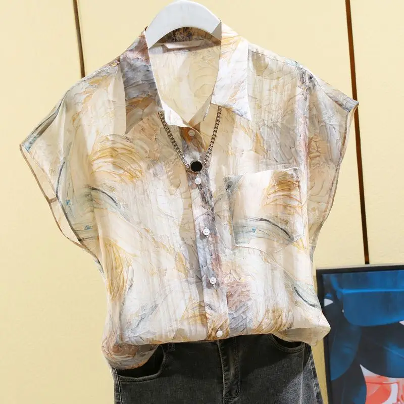 2025 Summer Hong Kong Style New Printed Short-sleeved Shirt Loose Cardigan Top