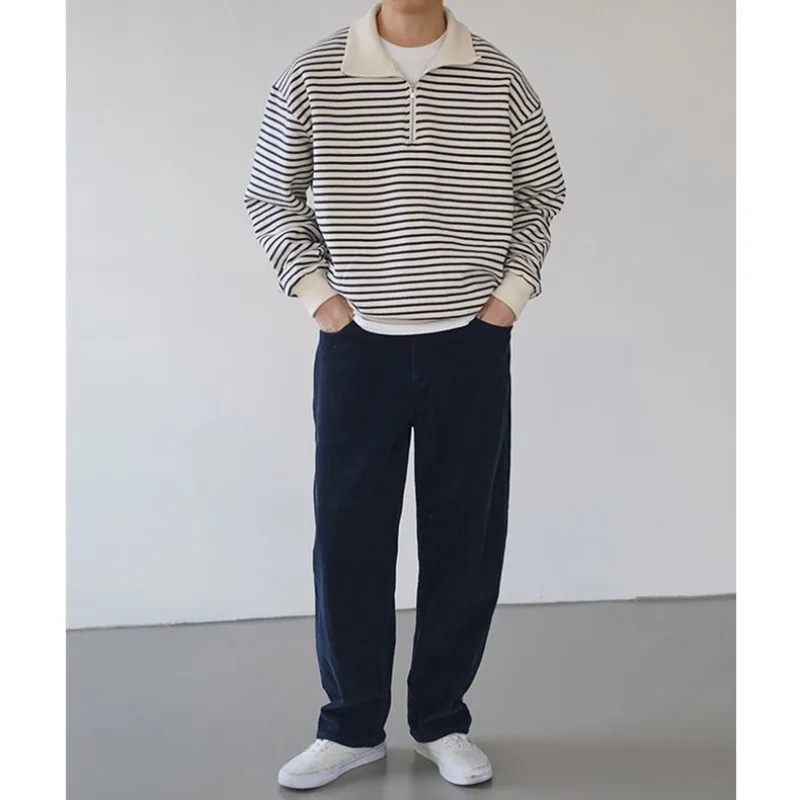 Half Zipper Lapel Striped Sweatshirt Men Pullover Autumn New Korean Version Contrast Color Loose Casual Long Sleeve Sweatshirts