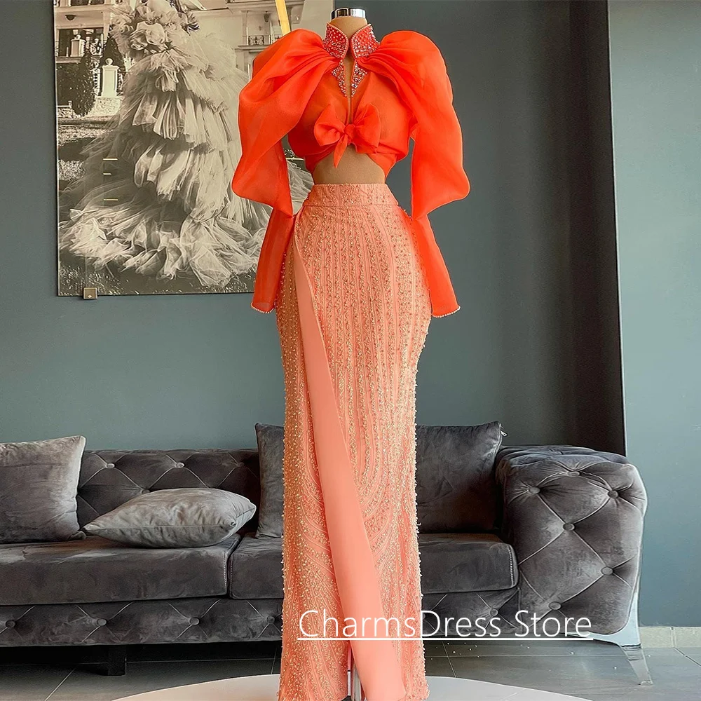 Einzigartiges Abendkleid, maßgeschneidertes zweiteiliges Partykleid, zweiteiliges Partykleid mit langen Ärmeln, Perlenstickerei, Tanzpartykleid, Ballkleider