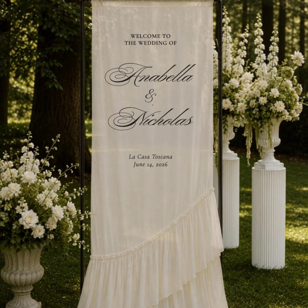 Custom Ruffled Chiffon Wedding Welcome Sign,Draped Fabric Wedding Banner,Personalized Romantic Ceremony Reception Entrance Decor image 5