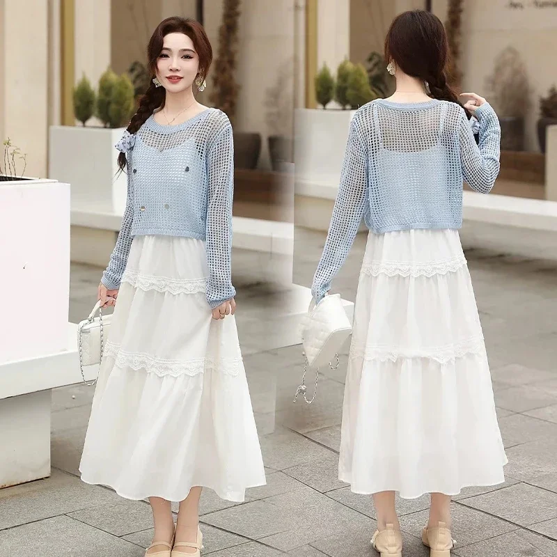 

Spring Summer Women Korean Sweet Blue Hollow Out Sequines Knit Shirts Sling Dress Two Piece Set Lady Graceful Dresses 2026