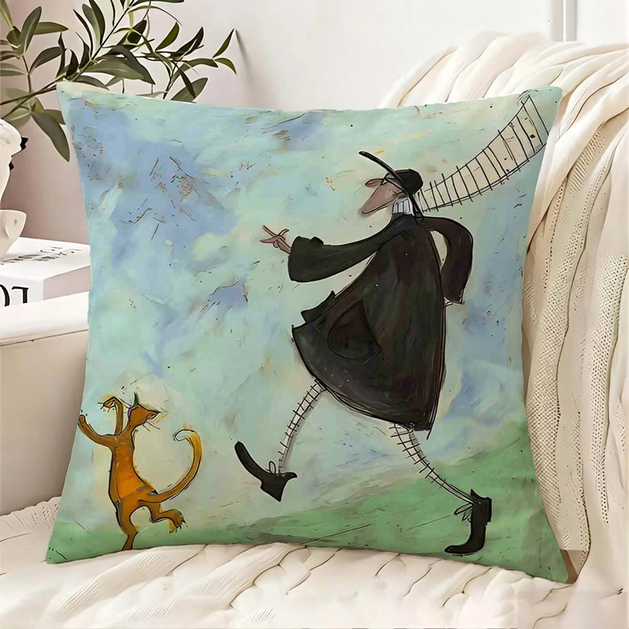 2D Flat - 1pc Fun Retro Illustration Printed Pillowcase, 2D Flat Printing, Walking People And Dancing Cats Scene, Literary Forest Style, Soft Blue-Green Background, Easy Hand-Drawn Strokes, Suitable for Outdoor Courtyard, Beach Camping, Indoor Sofa