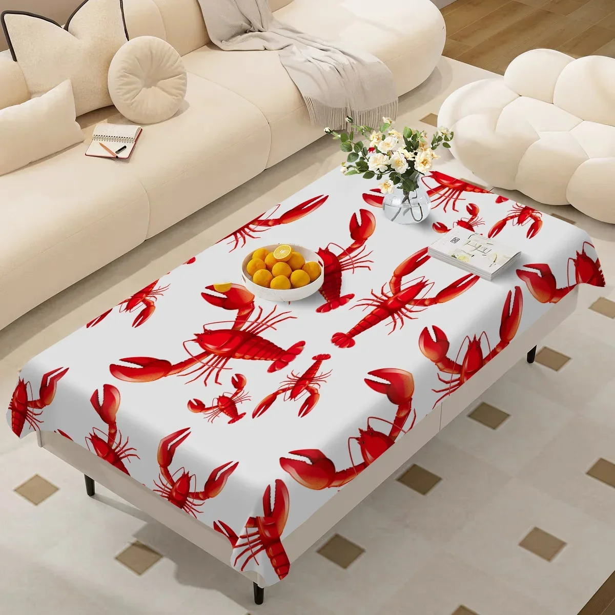 1pc lobster printed tablecloth, durable polyester tablecloth, white background with red full-print of lobster pattern, yzb