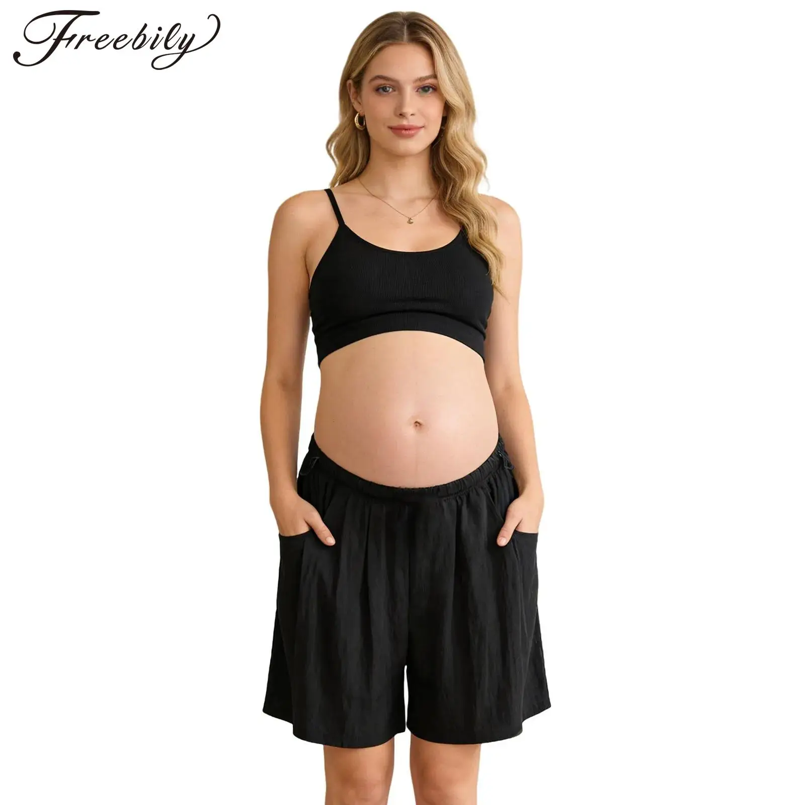 

Maternity Casual Loose Shorts with Pockets Over The Belly Drawstring Waistband Shorts Pregnancy Women Yoga Sports Activewear