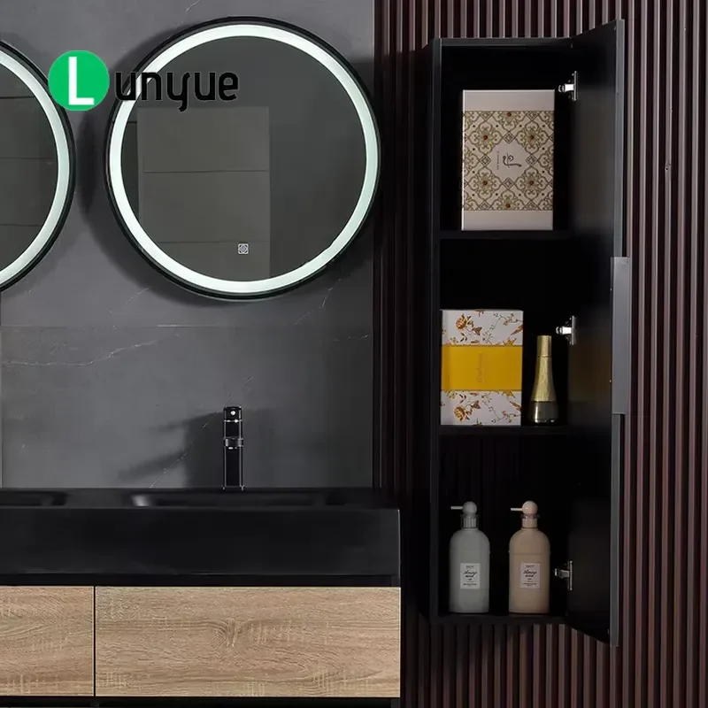 48 Inch Wood Matte Black Double Sink Floating Bathroom Vanity with LED Mirrors Eco-Friendly Luxury Wall-Hung Cabinet Set for