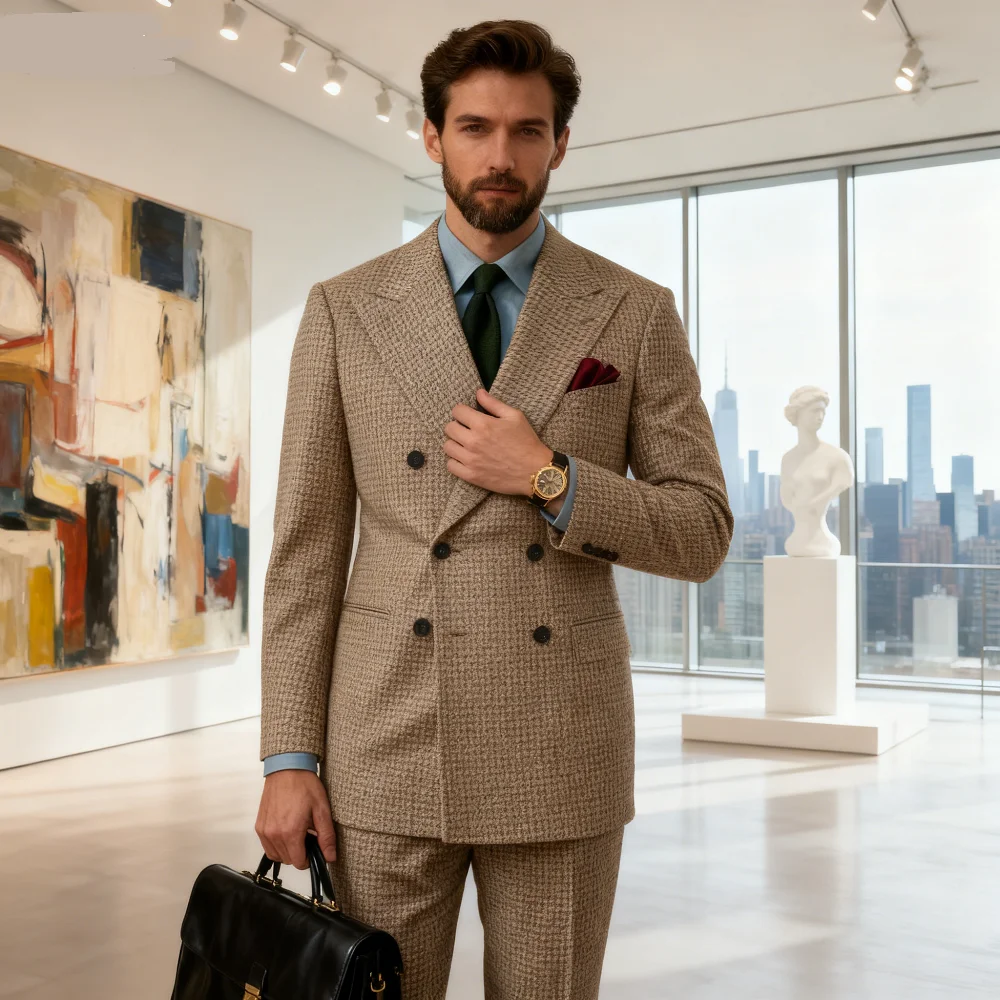 

Men's Houndstooth Wool Suit 2-Piece Set Custom-Made Autumn Winter Tern with Jacket And Pants in Beige And Black for Business