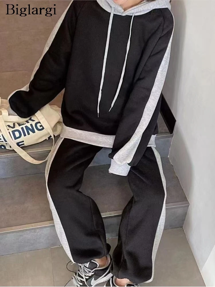 

Осенний полосатый лоскутный комплект из двух предметов, женские свободные корейские стильные женские толстовки с капюшоном, модные повседневные женские широкие брюки