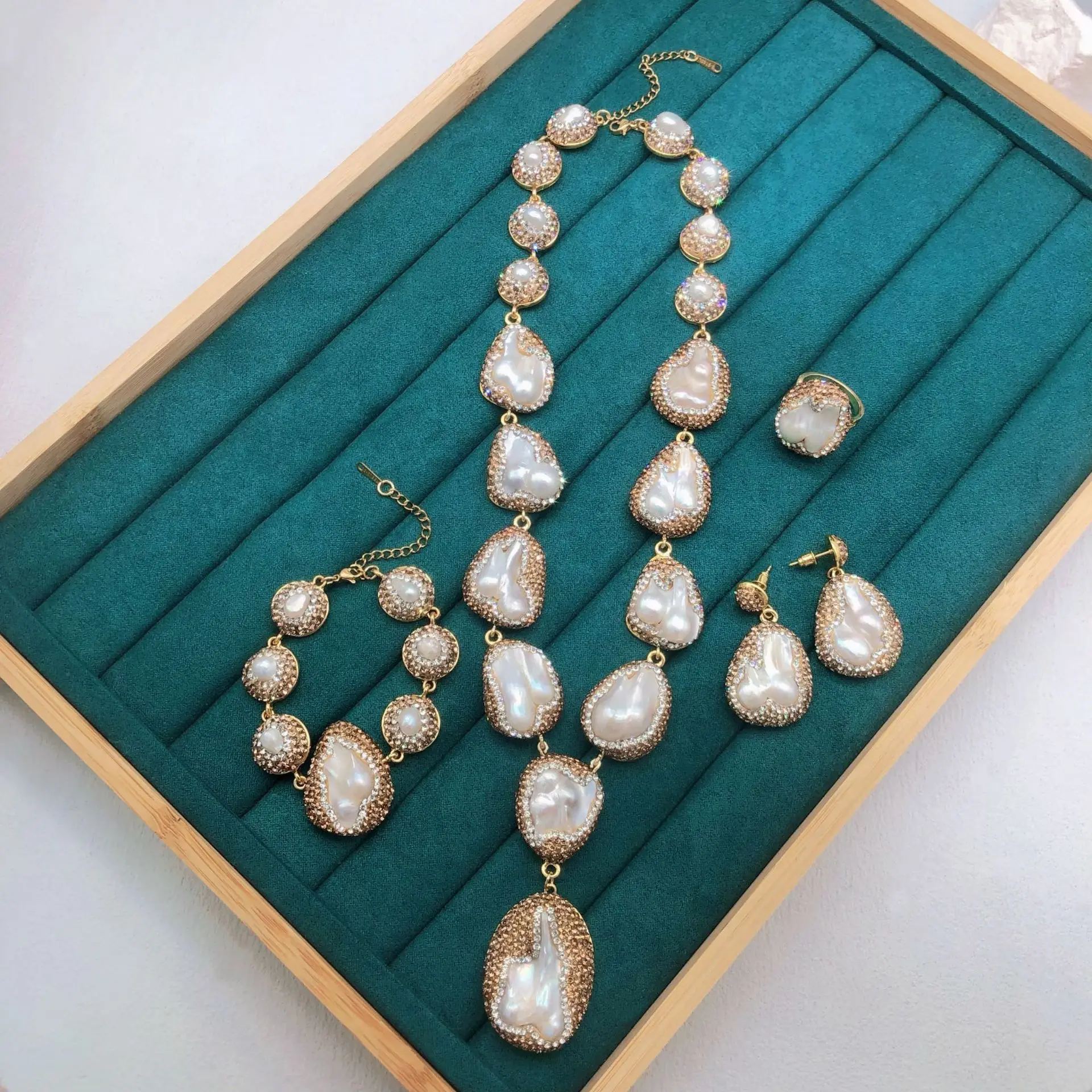 

Natural Baroque Pearl Set Fashion Light Luxury Cubic Zirconia Statement Necklace Earrings Bracelet Ring for Women Jewelry Gifts