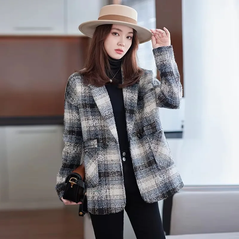 Blazer a cuadros de estilo coreano para mujer, chaqueta de traje de manga larga informal, versátil, de alta calidad, otoño e invierno, 2024