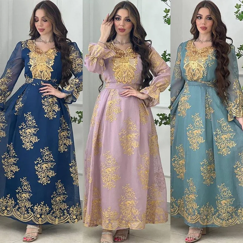 Eid al-adha Arab Dubai abito Applique ricamato abito da sera per feste musulmane pizzo maniche lunghe eleganti abiti arabi del medio oriente