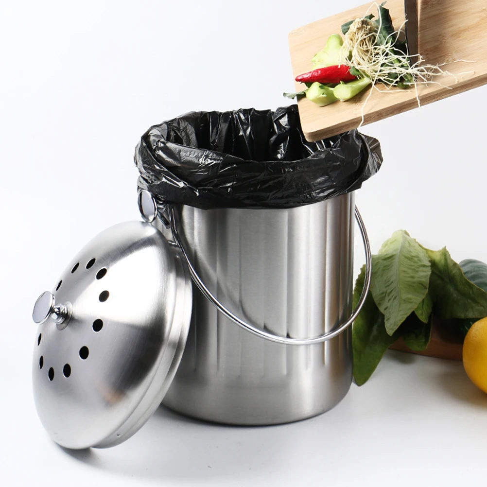 

Stainless Steel Compost Bin Kitchen Trash Can Large Capacity Carbon Filter Odorless Waste Basket Home Pail Composter