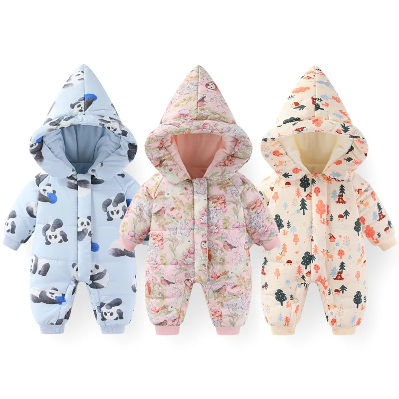 

Baby Winter Rompers With Hats Thick Warm Printed Jumpsuits Newborn Bodysuits Long Sleeve Coat Clothing
