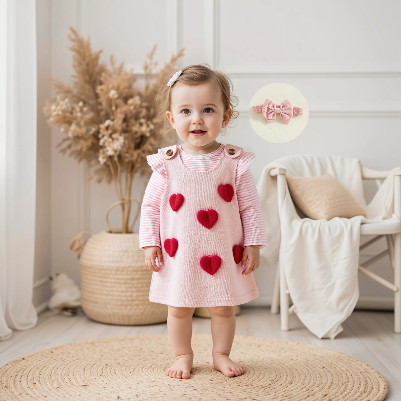 Newborn Baby Girls Spring Fall Set, Long Sleeve Striped Romper with Bow/Strawberry/Heart Overall Dress Bow Headband 3Pcs Outfit