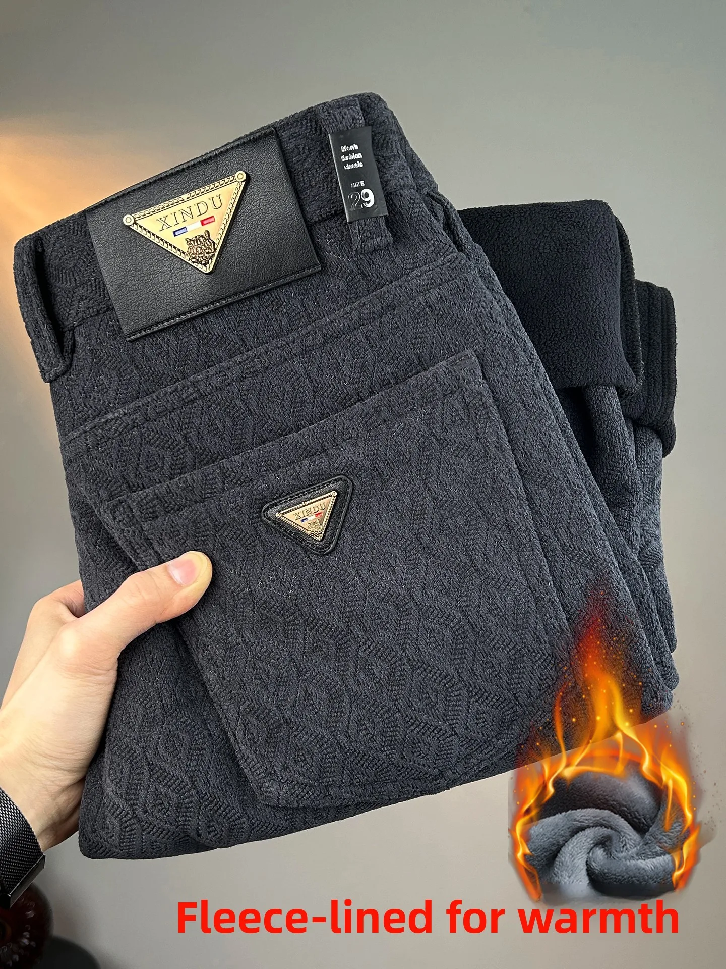 

High-End Men's Casual Pants Fce Lined Slim Straight Thi Warm Busin West Pants Autumn Winter Faionable Ci Sle