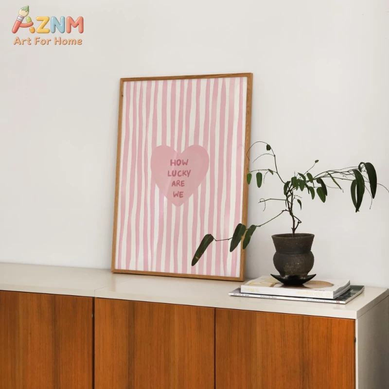 AZNM How Lucky Are We Pink Stripe Heart Canvas Wall Art, Aesthetic Romantic Quote Print Poster, Unframed Single Piece Canvas Pai