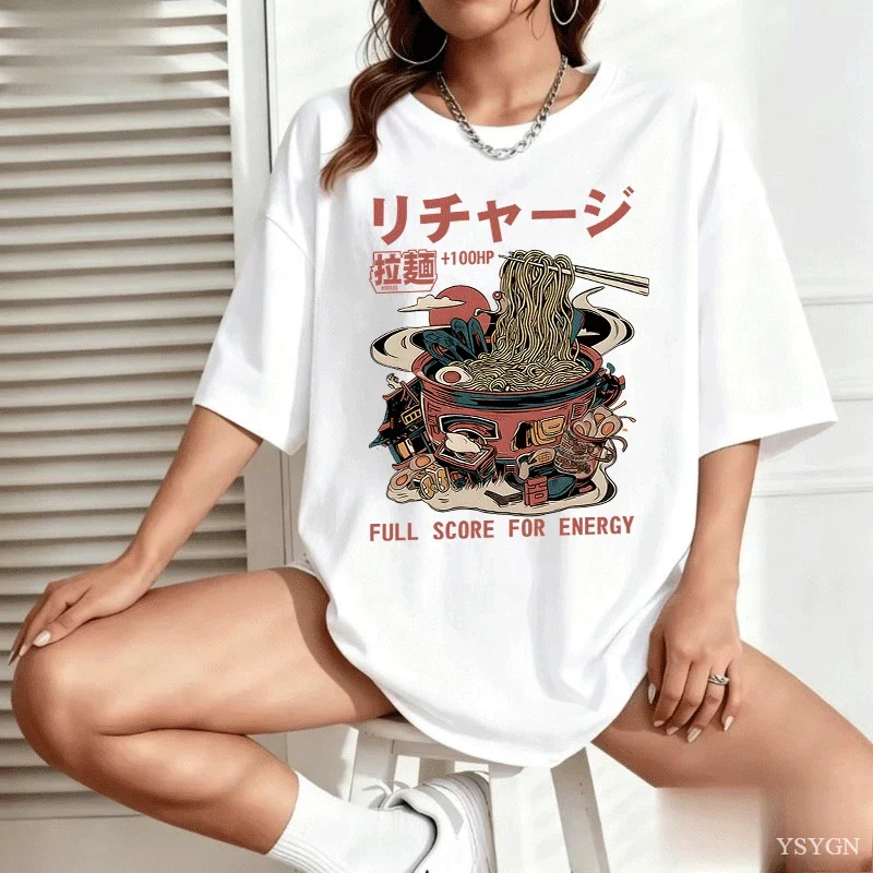 Women Tee Japanese Ramen Bowl Anime Food Art Graphic O Neck Summer Loose Fit Soft Cotton Female Vintage Streetwear Casual Shirt