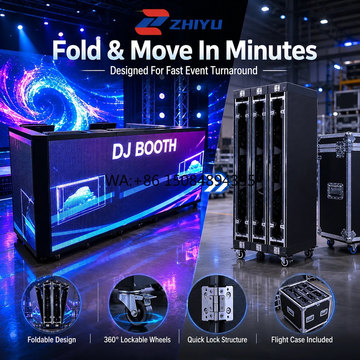 Cabina de DJ Portátil P3.91 GOB con Pantalla LED, Pantalla LED sobre Ruedas para Discotecas, Bares, Eventos y Escenarios