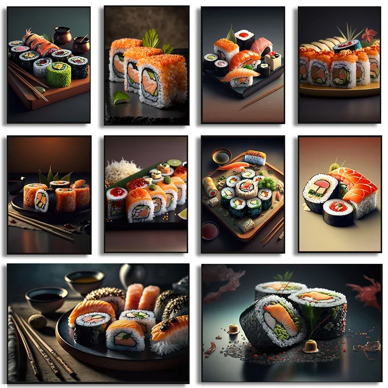 Póster de comida japonesa para decoración del hogar, pintura en lienzo, imágenes artísticas de pared, Sushi, salmón, Rollo, Caviar, mariscos, restaurante