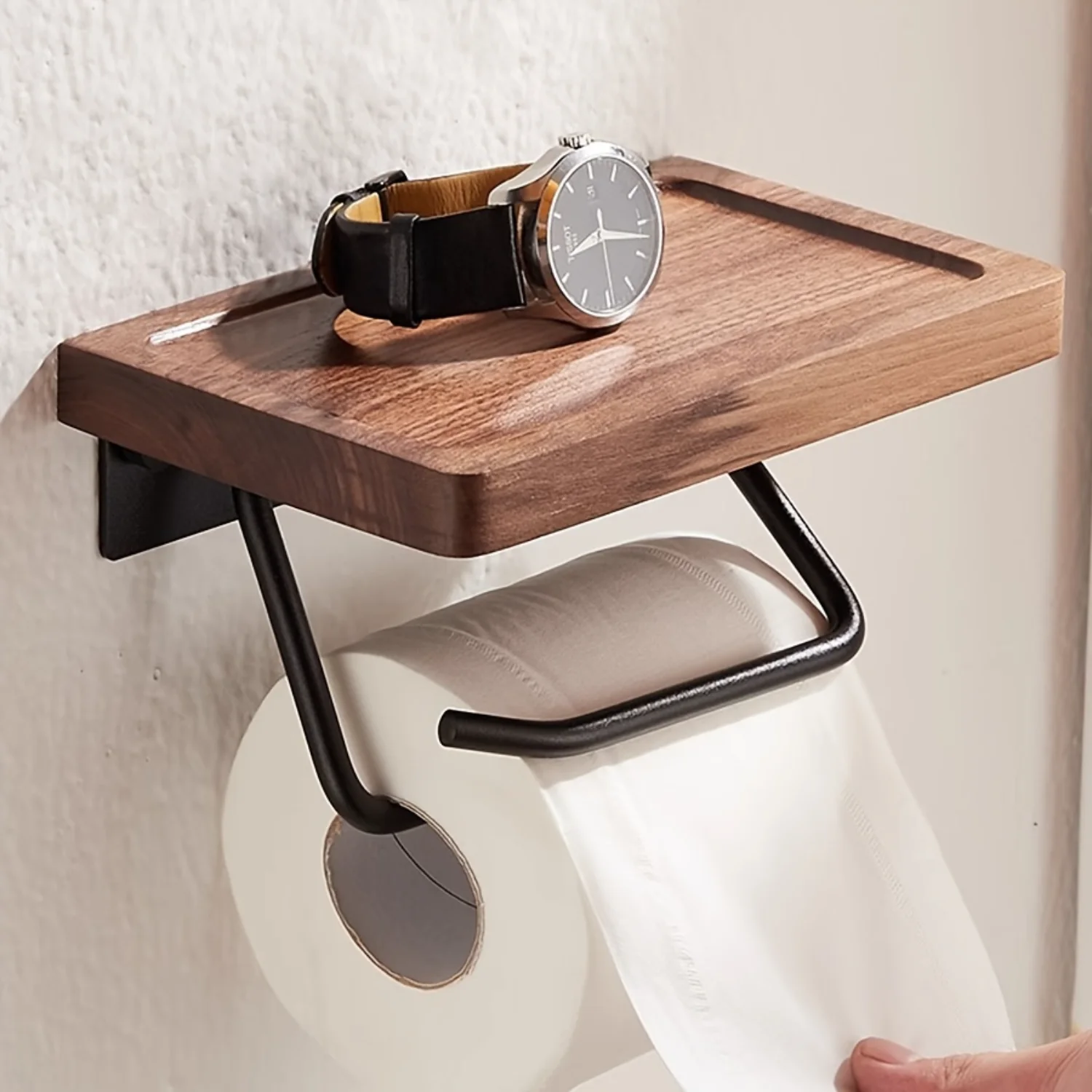 Walnut Wood Wall-Mounted Toilet Paper Holder with Shelf - No-Drill Installation