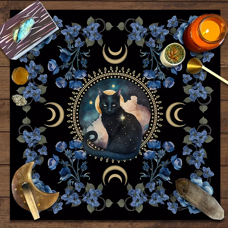 1pc Mystical Cat Altar Cloth, Botanical‑print Tarot Spread Mat, Witch‑style Table Cover, Rune & Card Game Board Mat