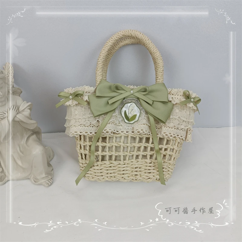 If original hand-made by rural grass color hand basket fresh bell orchids bowknot lolita single shoulder bag