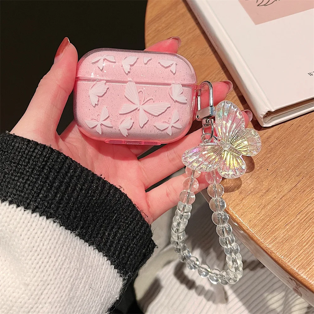 Crystal Butterfly Pendant Bead Bracelet Earphone Case for Apple airpods 1/2 /3 For Airpods Pro 2nd Earphone Case With Keychain