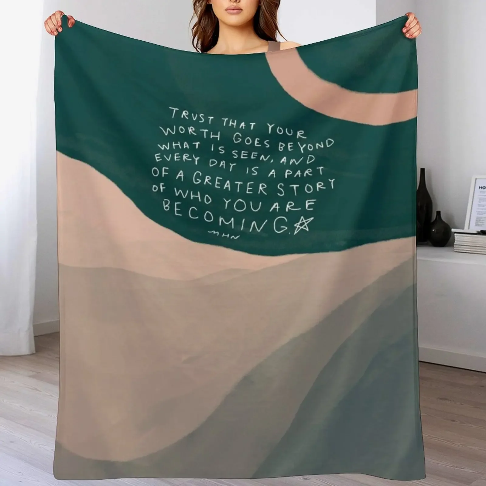 

Who You Are Becoming - Inspiring Positive Quote With Mountain and Moon Throw Blanket wednesday Thins manga Designers Blankets