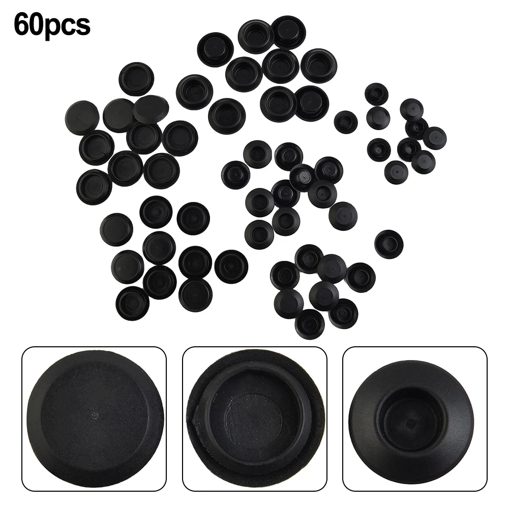 60 Piece Flush Mount Black Plastic Hole Plug Assortment Auto Sheet Metal Black Color Brand New Practical Auto Fastener